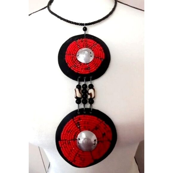 Vintage 80s Maasai Collar Necklace Leather Seed Beads Handmade - Picture 5 of 8